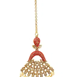 Anouk Gold-Plated Artificial Stones Studded and Beaded Enamelled Maang Tikka image 5