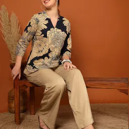 Anouk Rustic Floral Print Mandarin Collar Cotton Top image 2