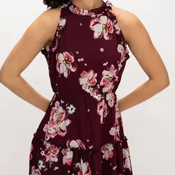 AASK Women Wine Printed Delta Crepe Fit and Flare Knee Length Dress image 2