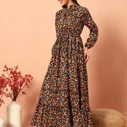 Femvy Women Animal Printed Tie-Up Neck Maxi Dress-image-46