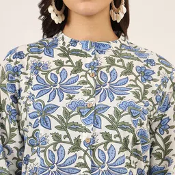 BAESD Floral Print Mandarin Collar Roll-Up Sleeves Ethnic Cotton Top image 3