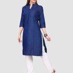 SK Creation Women Mandarin Collar Denim Kurta image 2