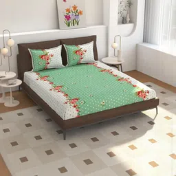 NEW TOWN Sea Green & White Floral 210 TC Queen Bedsheet with 2 Pillow Covers-image-73