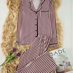 Trendyol Women Striped Lapel Collar Pure Cotton Night Suit-image-9