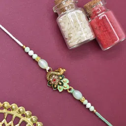 MEIRA JEWELLERY Artificial Stones Studded & Beaded Peacock Thread Rakhi With Roli Chawal-picture-29