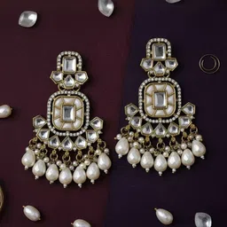 MEIRA JEWELLERY Gold-Plated Artificial Stones Studded & Beaded Teardrop Drop Earrings-image-45