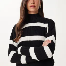 Happiness istanbul Women High Neck Long Sleeves Striped Print Pullover image 2