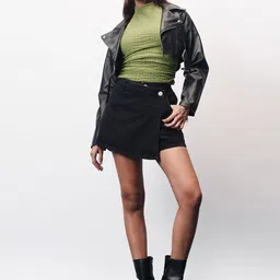 FREAKINS Women Iris Black Asymmetric Denim Skort-image-93