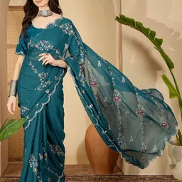 Sangria Floral Embroidered Poly Georgette Saree-picture-20