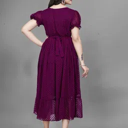 QENA Women Self Design Puff Sleeve Georgette Fit & Flare Midi Dress image 4