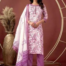 Peachmode Floral Printed Notch Neck Sequinned Straight Kurta With Trousers And Dupatta-image-18