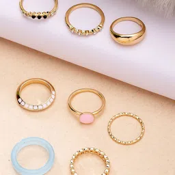 Bohey by KARATCART Set Of 8 Gold-Plated & Pearl-Studded Finger Rings image 1