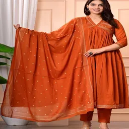 AREEH Women Ethnic Motifs Embroidered Panelled Mirror Work Pure Cotton Kurta with Trousers & With Dupatta-picture-14