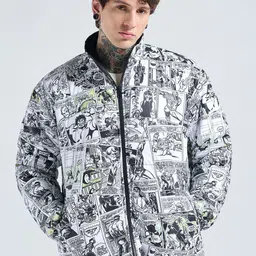 Bewakoof Men Mock Collar Graphic Printed Reversible Puffer Jacket-picture-31