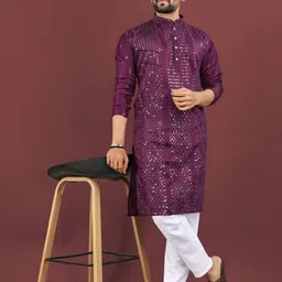 GAUMUKHI CREATION Men Embellished Mirror Work Jacquard Kurta image 3