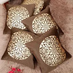 HOSTA HOMES Coffee Brown & Gold-Toned Set of 5 Ethnic Motifs Velvet Square Cushion Covers-picture-14