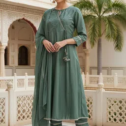 KALINI Women Ethnic Motifs Embroidered Empire Thread Work Kurta with Trousers & With Dupatta-picture-24
