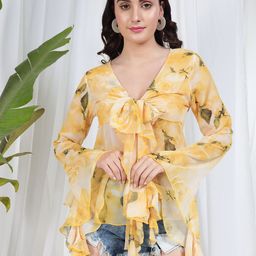 TANDUL Print Bell Sleeve Cotton Denim Top-picture-8
