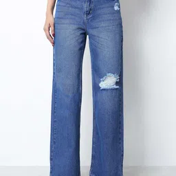ZUYA Women Wide Leg High-Rise Light Fade Slash Knee Jeans-image-69