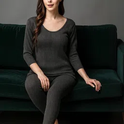 TRENDY RABBIT Women Striped Ribbed Thermal Set-image-50
