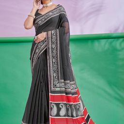 Sangria Ethnic Motifs Printed Cotton Linen Saree With Unstitched Blouse-picture-19