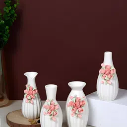 Myntra Elegant Homes White & Pink 4 Pieces Floral Textured Ceramic Vases image 3