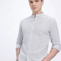 glitchez Striped Cotton Linen Band Collar Slim Fit Shirt-picture-24