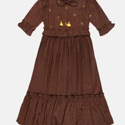 YOUNG BIRDS Girl's Self Design Printed Fit and Flare Knee Length Dress With Tie-Ups-image-99