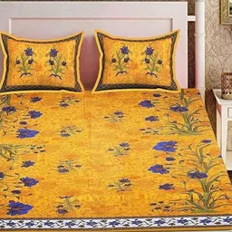 Dhawariya's Yellow & Blue Floral 144 TC Queen Bedsheet with 2 Pillow Covers-picture-15