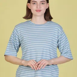V-Mart Striped Round Neck Drop-Shoulder Sleeves Cotton T-shirt-image-67