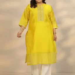 EXTRA LOVE BY LIBAS Plus Size Embellished Yoke Design Mirror Work Silk A-Line Kurta image 2