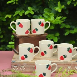 WEAVING HOMES White & Red 6 Pieces Printed Ceramic Glossy Mugs-250 ml Each image 2