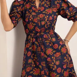DressBerry Women Floral Printed Puff Sleeve Crepe Drop-Waist Midi Dress image 3