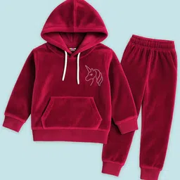 KUCHIPOO Girls Self Design Hooded Velvet Sweatshirt With Jogger-picture-12