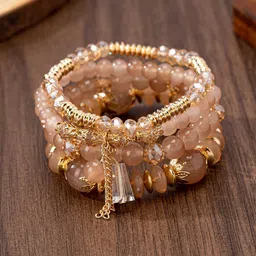 MEENAZ Gold-Plated Set Of 4 Artificial Beaded Elasticated Tasselled Bracelet-picture-30