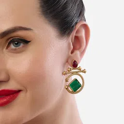 AMI Set Of 2 Gold-Plated Artificial Stones Studded Geometric Shaped Drop Earrings image 2