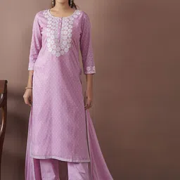 Anouk Women Floral Embroidered Regular Thread Work Pure Cotton Kurta with Trousers & With Dupatta image 1