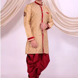 Pooja Ethnic Pooja Ethnic Men's Beige Silk Indo Western with Dhoti PE9074 Embroidered Sherwani image 4