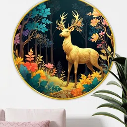 Livin'luxe Gold-Toned & Green Deer Wall Hallway Round Portrait Painting Wall Art 20" x 20"-picture-24