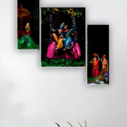 SAF Black & Blue 3 Pieces Radha Krishna Printed Wooden Wall Art-picture-14