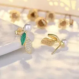 Estailo fashion Artificial Stones & Pearls Studded Leaf Shaped Enamelled Studs image 3
