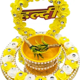 the handvark Decorative Haldi & Mehendi Plater Set Flower Design Tray with Bowl Wood, Glass Decorative Platter image 4