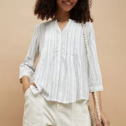 Fame Forever by Lifestyle Women Striped Mandarin Collar Shirt Style Top-picture-35