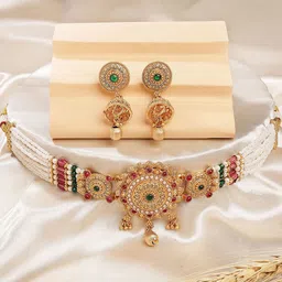 KARATCART Designer Gold Finish Temple Style Choker Set With Jhumkas For Women-picture-29