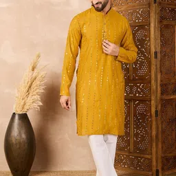 House of Pataudi Men Embroidered Sequin Mandarin Collar Straight Kurta-picture-21