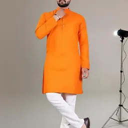 click n buy PoshSide Men Solid Straight Kurta (Orange)-picture-24