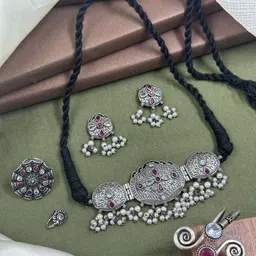 NAMAN ARTS Silver-Plated Artificial Stones Studded & Beaded Oxidised Jewellery Set-picture-38