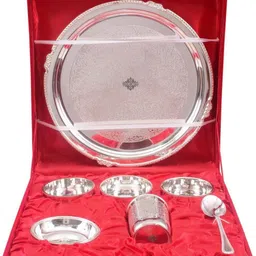 indianartvilla Set of Silver Plaled Embossed Design Dinner Set of 3 Bowl 1 Glass 1 Chuttni Bowl 1 Spoon 1 Plate Tray, Bowl, Cup, Spoon Serving Set-picture-30