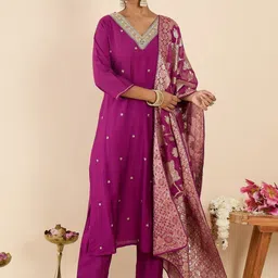 Indo Era Yoke Design Thread Work Kurta With Palazzos-picture-14