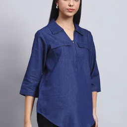 R.Code by The Roadster Life Co. Women Solid Shirt Collar Cotton Pocket Style Top image 5